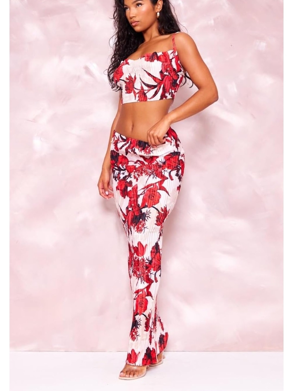 Floral Red Ribbed Maxi Skirt - Women's Skirt Set